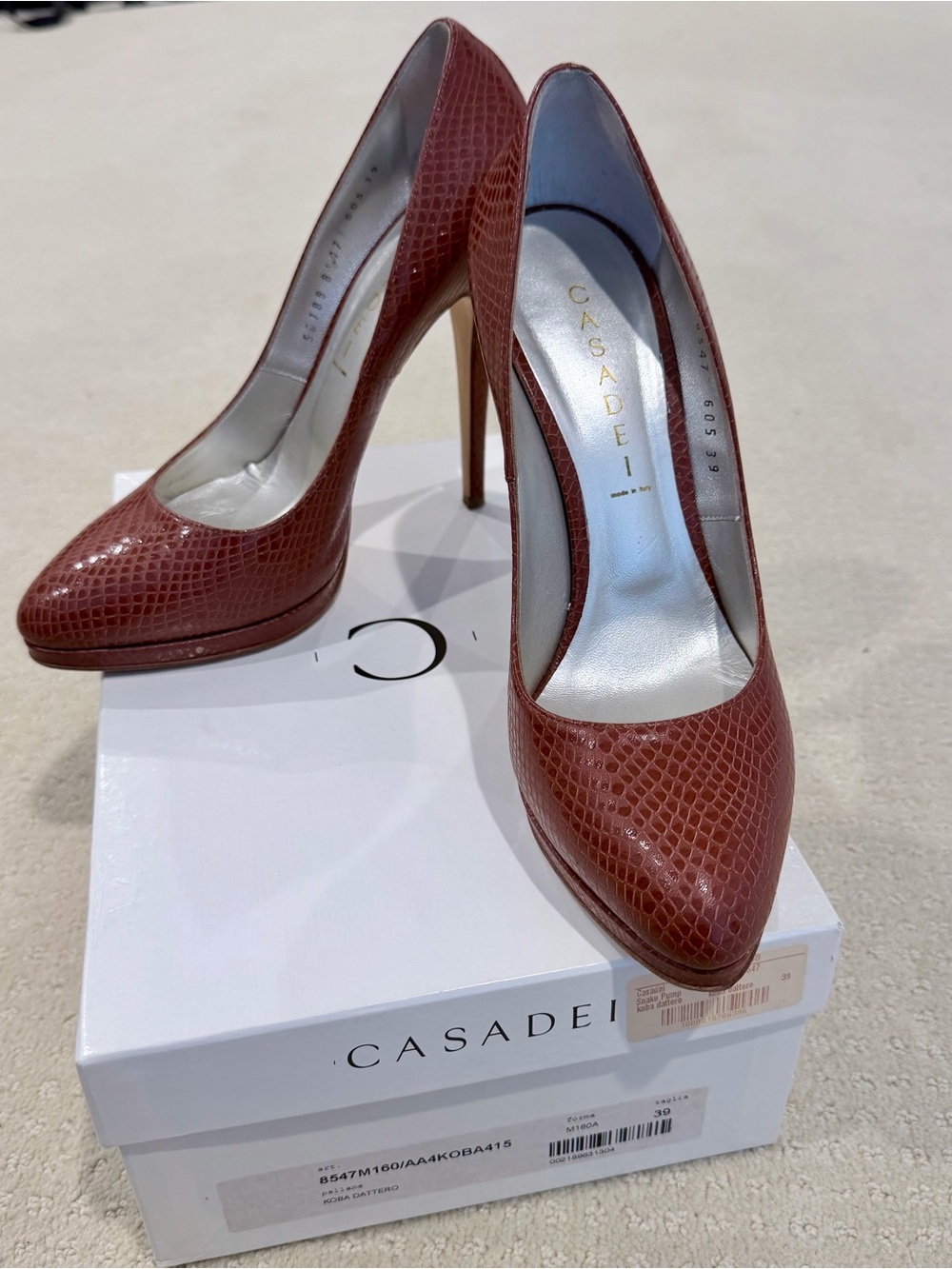 Like New!! Casadei Brick Brown Snake-Embossed Pointed Toe Stilettos